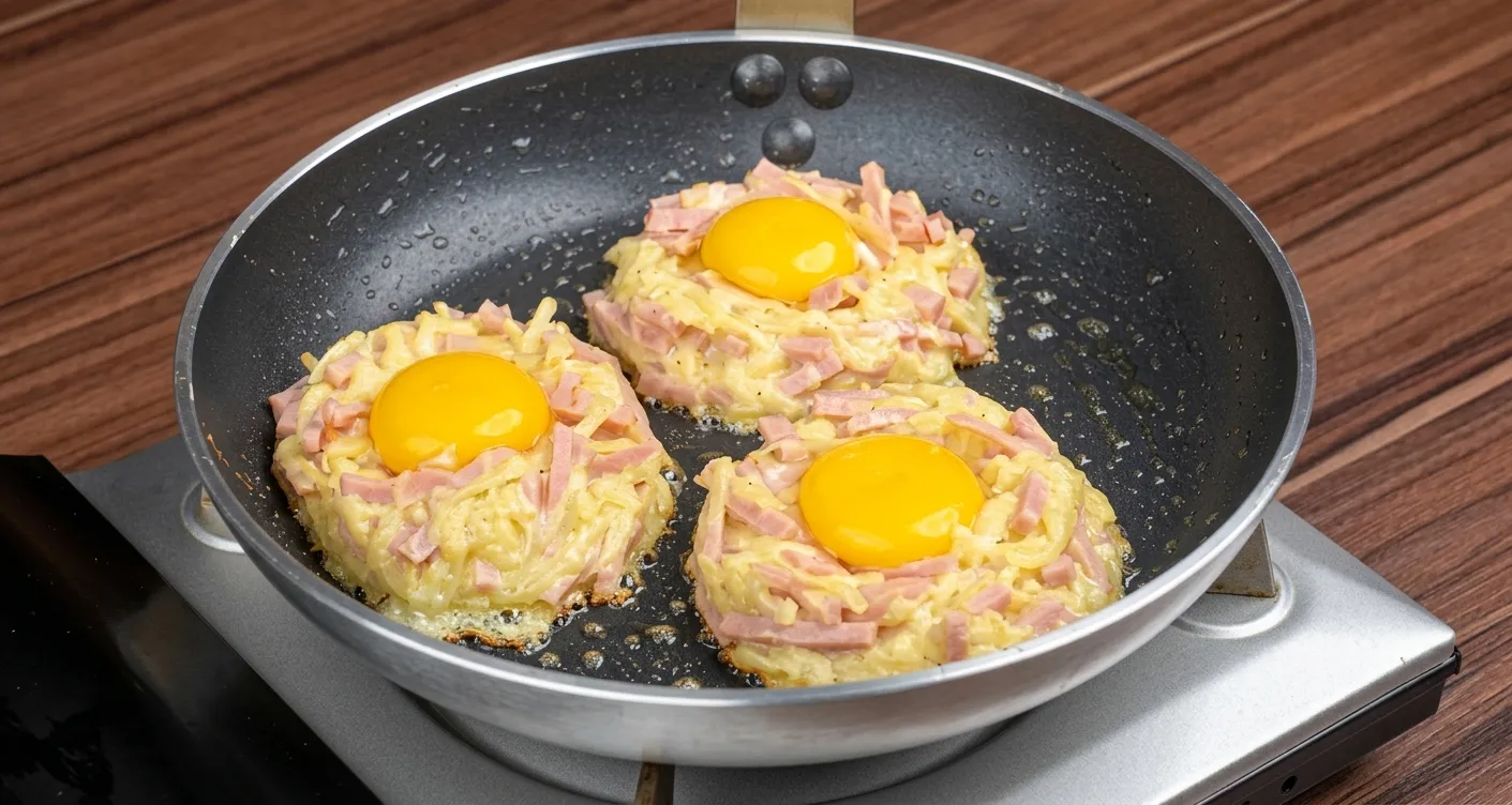 Desayuno en sartén con huevos y embutidos